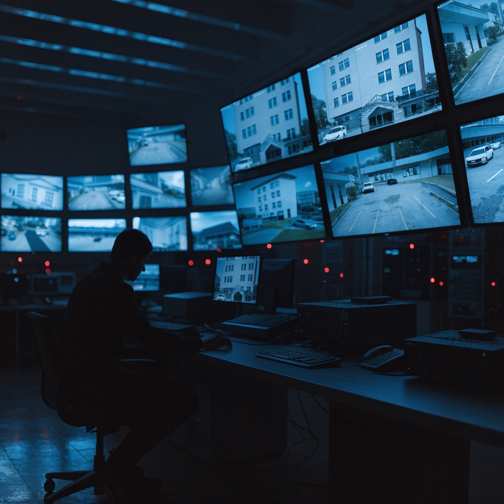 Central de monitoreo con pantallas de videovigilancia