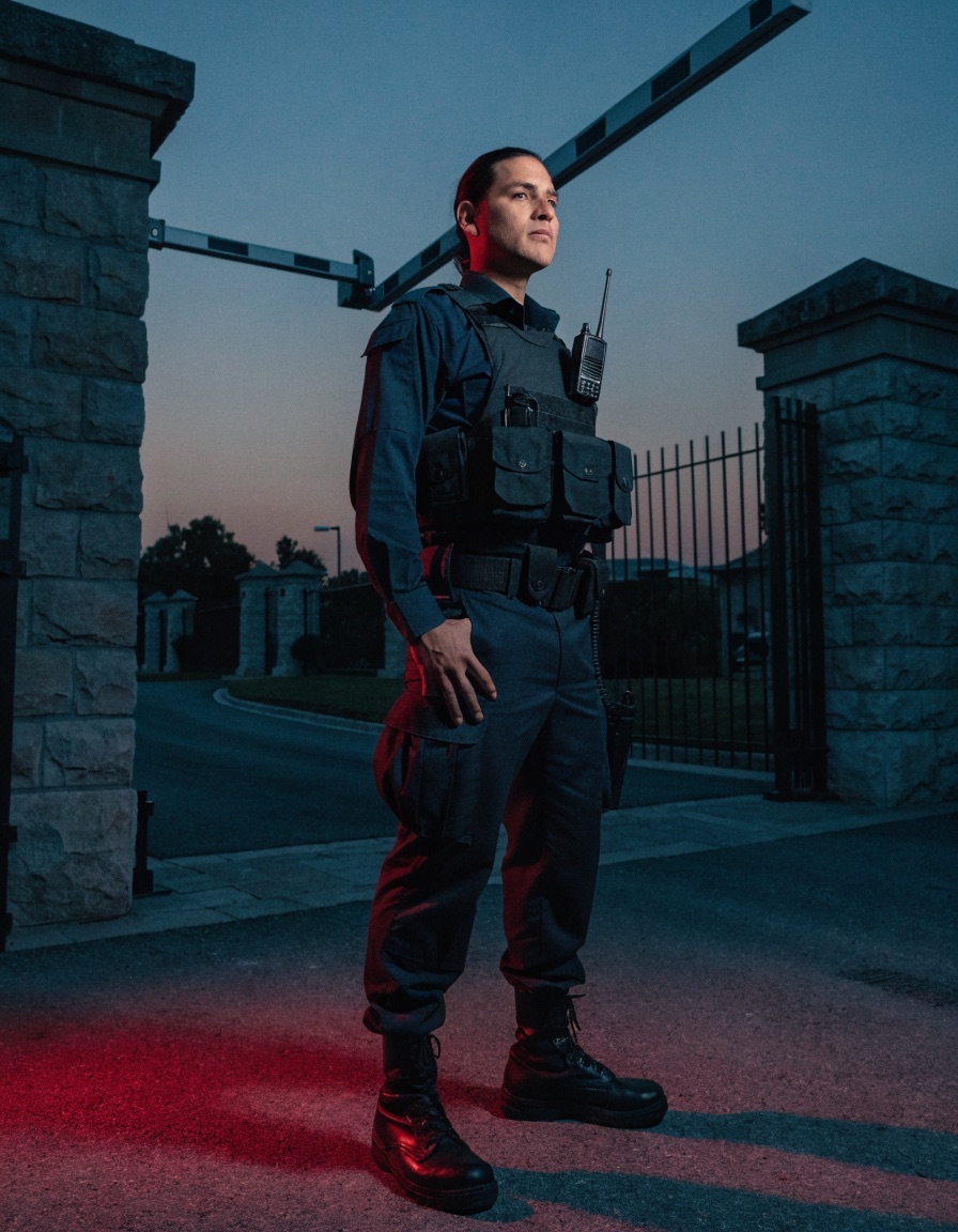 Guardia de seguridad uniformado en el acceso de un residencial